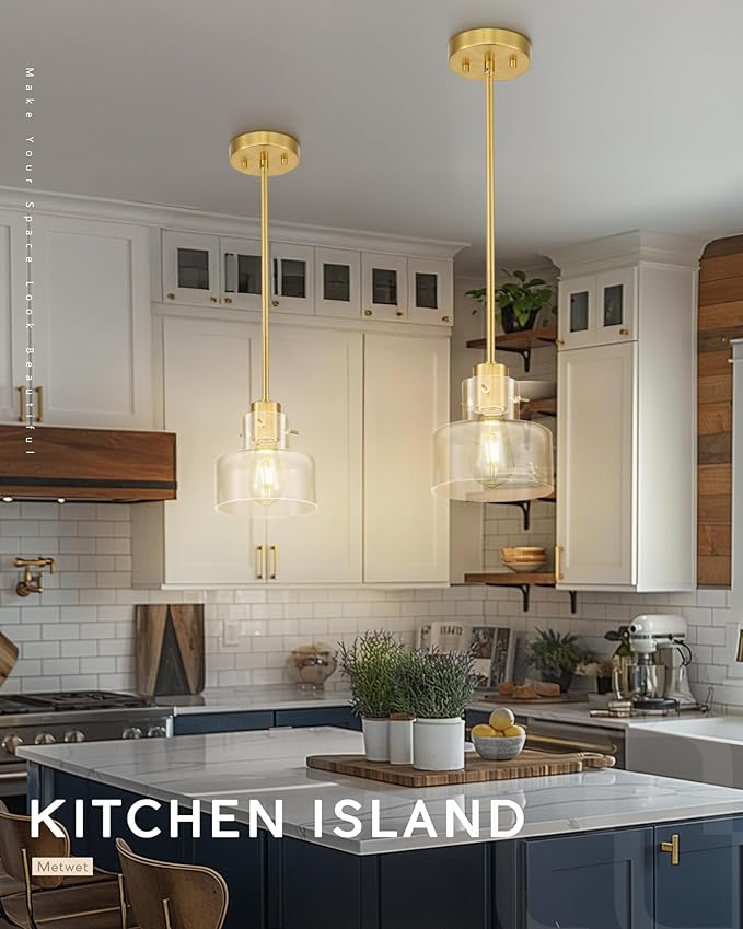 2 Pack Pendant Lights Kitchen Island, Brushed Gold Pendant Light Fixtures Over Island with Clear Glass Shade, 6" Modern Brass Kitchen Island Lighting for Dining Room Entryway, PL124-BG-G-2PK