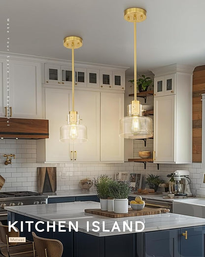 2 Pack Pendant Lights Kitchen Island, Brushed Gold Pendant Light Fixtures Over Island with Clear Glass Shade, 6" Modern Brass Kitchen Island Lighting for Dining Room Entryway, PL124-BG-G-2PK