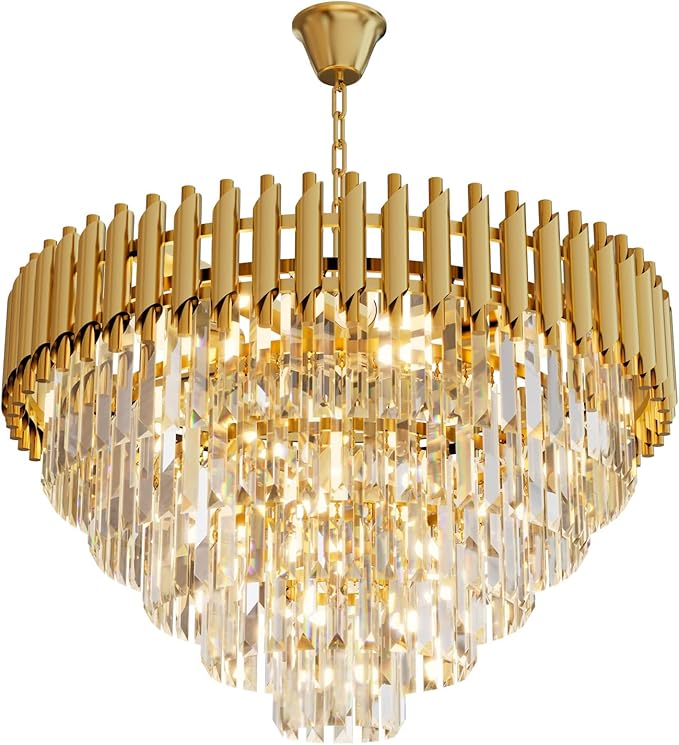 Modern Gold Crystal Chandelier, 24" 10-Light Round Chandelier,5 Tiers Ceiling Pendant Light, Large Adjustable Hanging Raindrop Chandeliers for Dining Room, Foyer, Living Room, Staircase