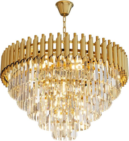 Modern Gold Crystal Chandelier, 24" 10-Light Round Chandelier,5 Tiers Ceiling Pendant Light, Large Adjustable Hanging Raindrop Chandeliers for Dining Room, Foyer, Living Room, Staircase
