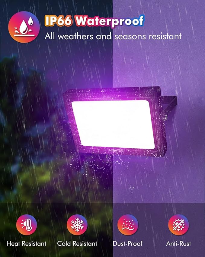 MEIKEE 25W RGB LED Flood Lights Outdoor, 2500LM 250W Equivalent RGB Color Changing Flood Lighting with Plug, IP66 Waterproof Wall Stage Lights for Christmas Halloween Home Decoration (4 Pack)