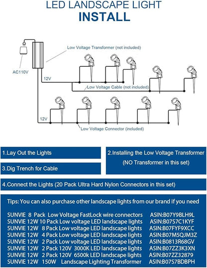 SUNVIE 12W Low Voltage Landscape Lights LED Landscape Lighting with Connectors 12V Warm White (900LM) Waterproof Garden Low Voltage Lights Wall Tree Flag Outdoor Spotlights with Spike Stand, 8 Pack