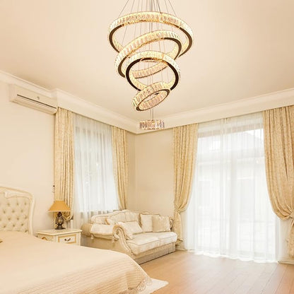 Dixun Dimmable LED Chandeliers Big Crystal Chandeliers Modern 5 Rings Pendant Light Adjustable Height Ceiling Lamp for Bedroom Dinning Room Living Room Kitchen (Titanium Gold)