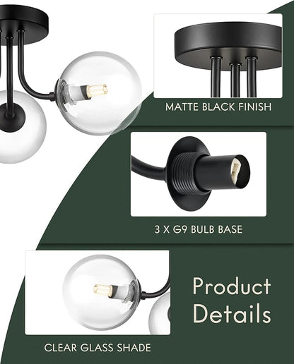 3-Globe Black Flush Mount Ceiling Light in a Modern Farmhouse Design is Ideal for Living Rooms, Matte