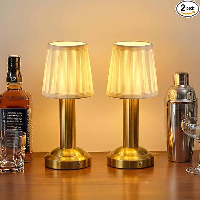 Mini Cordless Table Lamp 2 Pack - 11.4" Stepless Dimmable Touch Lamp with Fabric Shade, Small LED Lamps, 4000mAh Rechargeable Battery Operated Lamps for Dinning Room, Bedroom, Bar (Gold)