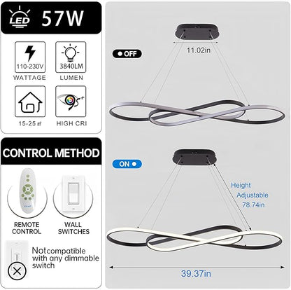 LED Chandelier,39.4inch Modern Led Pendant Light with Remote,Dimmable Black Chandelier for Dining Room,Adjustable Height 45W Aluminium Contemporary Ceiling Hanging Light Fixture for Kitchen