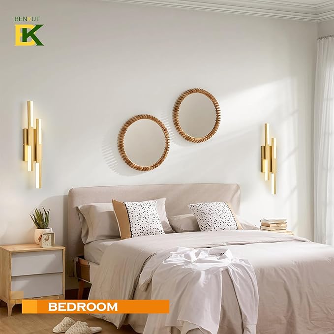 Benkut Modern LED Vanity Lights Set of 2, Gold Wall Sconce with Remote Control Dimmable Indoor Wall Light Bedside Remote Sconce for Bedroom Bathroom Living Dining Room (2 Pack H19.7’’)