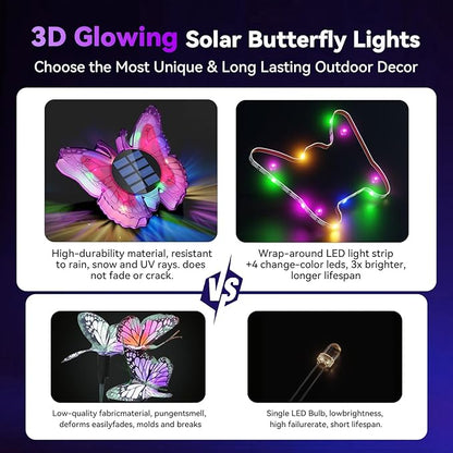 Solar Butterfly Lights Outdoor-Color-Changing 3D Glow-2-in-1 Wall & Ground-Butterfly Lights for Outside-Waterproof Garden Decorations for Patio Lawn Yard Fence Backyard Decor (6 Pack)