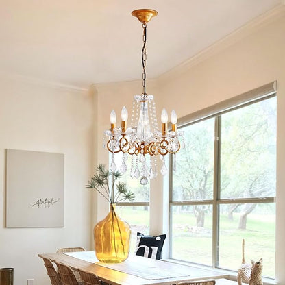 Crystal Chandelier, 5-Light Chandelier for Dining Room Light Fixture, K9 Crystal Pendant Ceiling Light Fixture, Modern Candle Chandelier for Living Room Kitchen Island Entryway Bedroom (Gold)