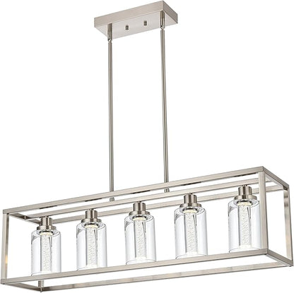 MELUCEE Linear Kitchen Island Lighting Brushed Nickel Led Bubble Crystal Chandeliers for Dining Room, 5 Lights Large Led Pendant Lights with Clear Glass, Built in LED Chips 5-Color Temperature Adjust