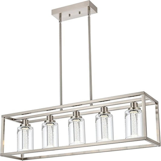 MELUCEE Linear Kitchen Island Lighting Brushed Nickel Led Bubble Crystal Chandeliers for Dining Room, 5 Lights Large Led Pendant Lights with Clear Glass, Built in LED Chips 5-Color Temperature Adjust