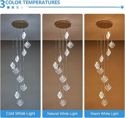 Staircase Crystal Chandelier 10-Light Pendant Light, Modern Square LED H118 High Hanging Ceiling Fixture with Gold Base for Living Room, Dining Room, Kitchen, and Hallway