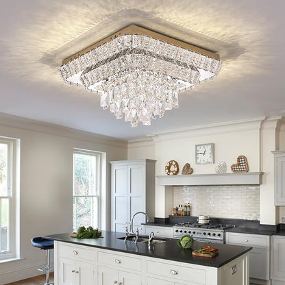 Miuyhji Elegant LED Gold Crystal Raindrop Ceiling Light,18 Inch Square Flush Mount Chandelier with Remote for Living Room Kitchen Island Bedroom Hallway Entryway Foyer (Dimmable)