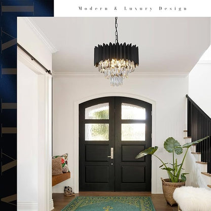 A AXILIXI Crystal Chandeliers Contemporary Small 16” Black Ceiling Pendant Light Fixture 3 Tiers Flush Mount Round Chandeliers Vintage for Dining Room Foyer Kitchen Entryway