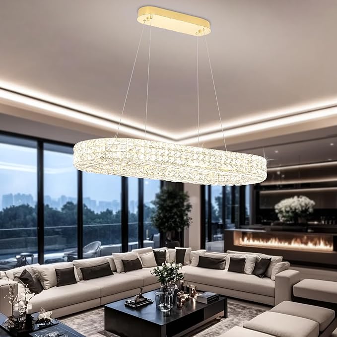 ykolupty Modern Crystal Chandelier, Dia 40" Rectangular Chandelier for Dining Room,Gold Rectangle Crystal Ceiling Light Luxury Oval Chandeliers for Living Room Kitchen Island