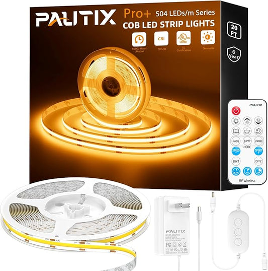 PAUTIX COB LED Strip Light,Amber LED Strip Lights 2000K,DC24V Dimmable 20ft/6.1m High Lumen Tape Light Kit for Cabinet,Painting,Bedroom,Kitchen,with RF Remote Timer Function