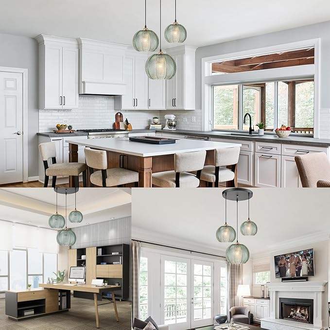 Cluster Pendant Light Fixture, Mid Century Modern 3-Light Globe Custer Chandelier, Farmhouse Dining Room Kitchen Island Hanging Light Fixture Over Table with Ribbed Green Glass Shade