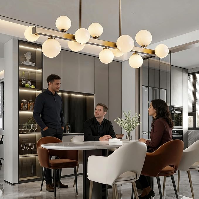 12 Lights Modern Gold Chandelier, L43.3 Linear Frosted Glass Globe Pendant Light, Mid Century Hanging Lighting Fixture for Kitchen Island, Dining Room, Living Room