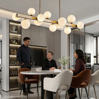 12 Lights Modern Gold Chandelier, L43.3 Linear Frosted Glass Globe Pendant Light, Mid Century Hanging Lighting Fixture for Kitchen Island, Dining Room, Living Room