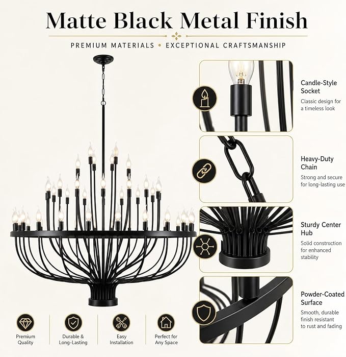 Shandaglo Large Chandelier for High Ceilings, 48-Light Black Wagon Wheel Chandelier, 47.2 Inch 3-Tier Extra Farmhouse Dining Room Light Fixture for Foyer, Living Room, Entryway