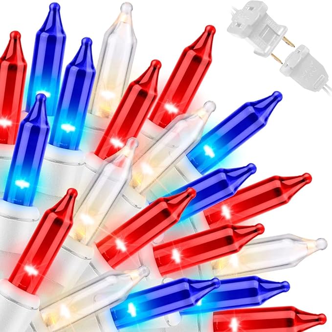 LAMPHOME 100 Count Red White and Blue Mini String Lights with White Wire,Connectable 19.6ft 120V Waterproof 4th of July Patriotic Incandescent Lights, Independence Day Lights for Outdoor Indoor Decor