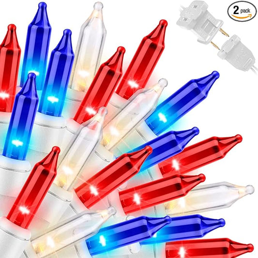 LAMPHOME Red White Blue String Lights, 63.8Ft 300 White Wire Fairy Lights, 4th of July Patriotic Lights, Memorial Day Outdoor Fairy Lights for Independence Day Patriotic Decor