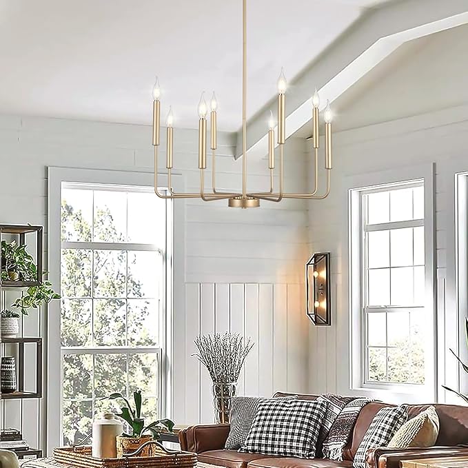 WOKNOS Modern Gold Farmhouse Chandeliers, 8-Light Industrial Metal Chandelier Lighting, Classic Candle Hanging Pendant Light Fixtures for Kitchen Bedroom, Dining Room, Living Room,Foyer