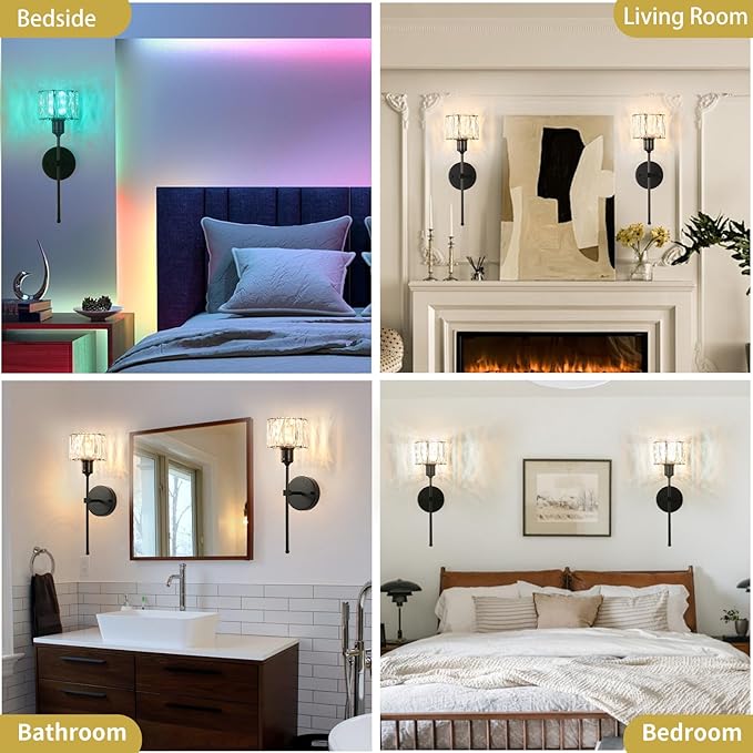 Crystal Battery Operated Wall Sconces Set Of Two, Black Wireless Wall Light with USB Rechargeable LED Light Bulbs 12 Colors Dimmable Crystal Wall Lamp with Remote for Living Room, Bedroom, Hallway