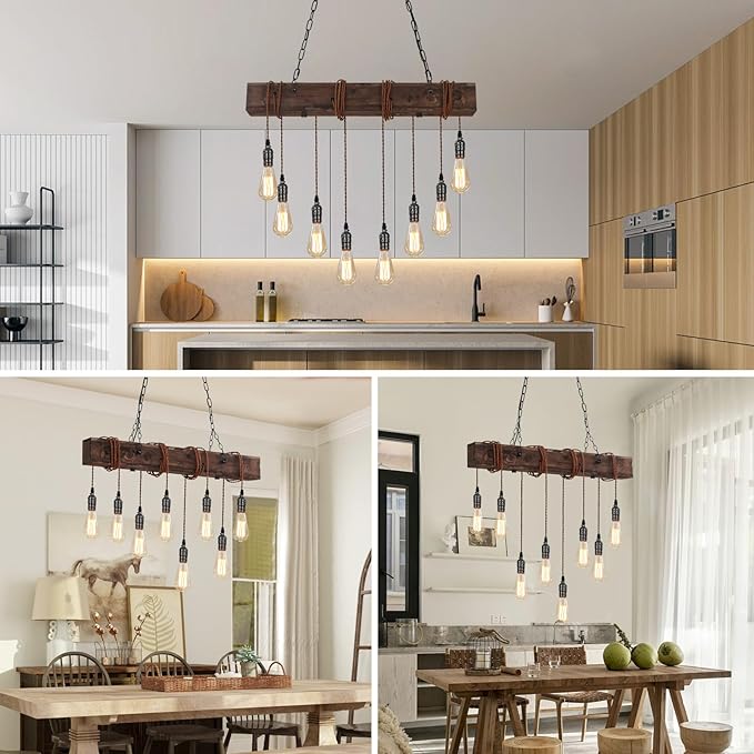 8-Lights Farmhouse Kitchen Island Pendant Light, Rustic Wood Chandeliers for Dining Room,Height Adjustable Island Light,Dining Room Bar Restaurant Cafe Pool Table.