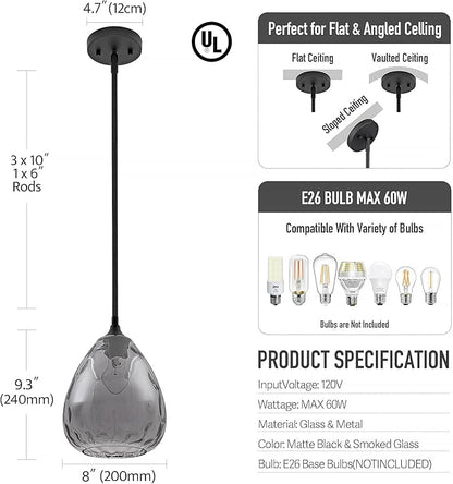 Smoked Hammered Glass Pendant Light with Matte Black Accent, Adjustable Hanging Lamp for Kitchen, Dining Room, and Living Room (Black & Smoked Glass)