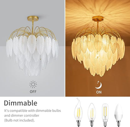 LumFurn 8-Light Gold Chandeliers, 4-Tier Modern Pendant Light Fixture for Dining Room, Living Room, D21 x H24~54" Adjustable Height, Frosted Feather-Shaped Glass Shade & Brass Finish Frame