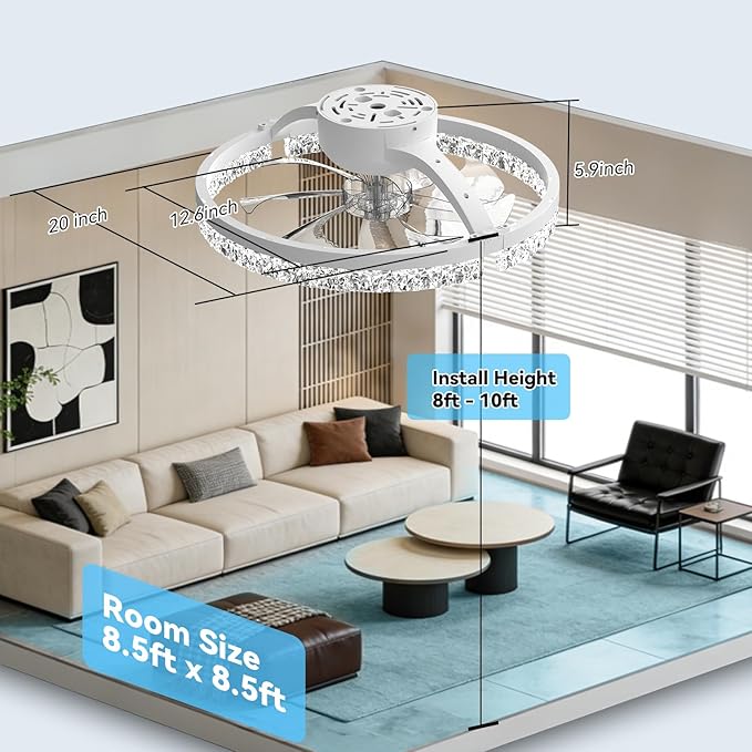 AIKVSXER Ceiling Fans with Lights,20 Inch Low Profile Fandelier with APP Control, Ultra Quiet,3CCT and 6 Wind Speeds for Bedroom, Living Room Modern Flush Mount Fan Light (White, 20inch-Crystal Fold)