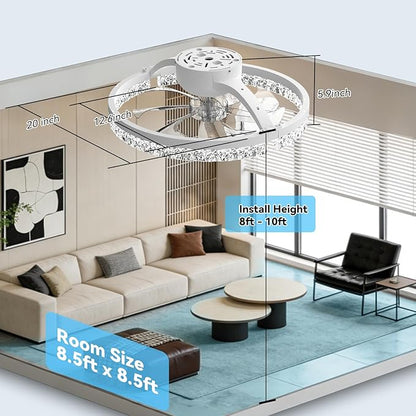 AIKVSXER Ceiling Fans with Lights,20 Inch Low Profile Fandelier with APP Control, Ultra Quiet,3CCT and 6 Wind Speeds for Bedroom, Living Room Modern Flush Mount Fan Light (White, 20inch-Crystal Fold)