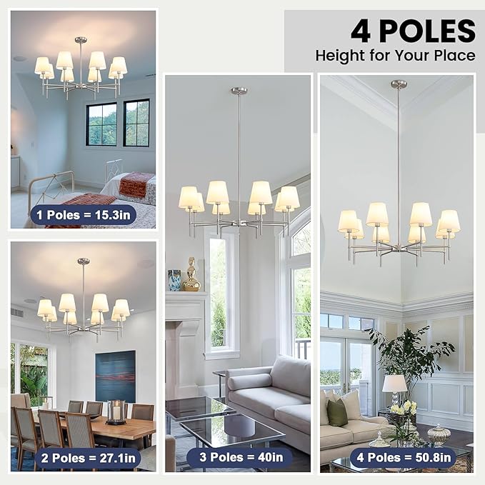 RUIYEY Dining Room Chandeliers Light - Modern Brushed Nickel Chandelier, 8-Light Metal Farmhouse Dining Room Light Fixture, E26 Hanging Pendent Lighting for Kitchen, Living Room, Foyer, Entrance