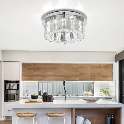 11.8" Modern Crystal Chandelier LED Ceiling Light Flush Mount Mini Ceiling Light Fixtures Crystal Round Chandeliers for Hallway Bedroom Cool White