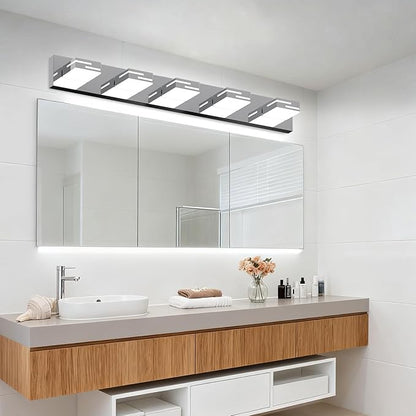 LED Modern Bathroom Vanity Light Fixtures, 5-Light 34-inch Dimmable Chrome Vanity Lights for Bathroom Lighting Fixtures Over Mirror, with 360° Rotatable Heads (Cool White 6000K)