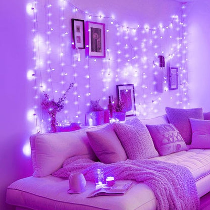 Minetom Halloween Purple Curtain Lights, 300 LED Dimmable Fairy Lights with Remote and Timer, 8 Modes, USB Powered String Lights for Room Wall Party Xmas Indoor Decor