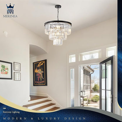Crystal Chandeliers Black Modern Round 20" Chandelier 7 Lights 3-Tier Ceiling Pendant Light Fixture Luxury K9 Crystal Lighting for Living Room Dining Room Bedroom Kitchen Foyer
