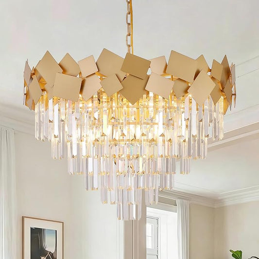 A AXILIXI Large Crystal Chandeliers 30'' Modern Gold Round Chandeliers for High Ceiling K9 6-Tier Large Brass Ceiling Chandelier Light Fixtures Luxury Chandelier for Staircase Foyer Living Room