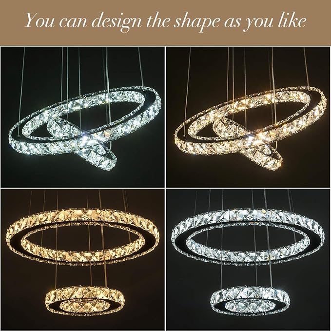 Modern Crystal Chandeliers Dimmable Round Pendant Lighting with Remote 2 Rings LED Ceiling Hanging Light Fixture for Foyer Dining Room Living Room Bedroom, 3000K/4000K/6000K 15.75”+7.7”