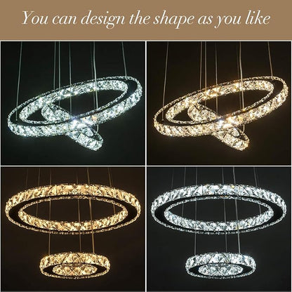 Modern Crystal Chandeliers Dimmable Round Pendant Lighting with Remote 2 Rings LED Ceiling Hanging Light Fixture for Foyer Dining Room Living Room Bedroom, 3000K/4000K/6000K 15.75”+7.7”