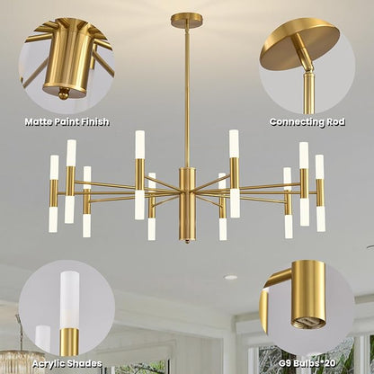 Gold Modern Chandelier 20-Light, Large Luxury Round Candle Chandeliers with Acrylic Shades, 38.6" Dining Room Light Fixture for High Ceilings, Living Room, Foyer, Entryway, G9 Base