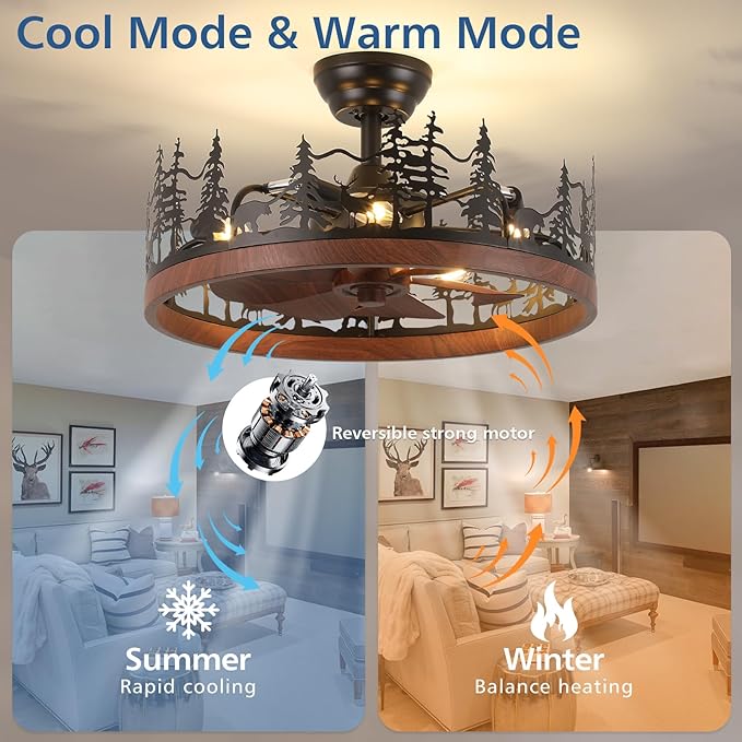 Farmhouse Rustic Ceiling Fan with Light and Remote, 21 Inch Flush Mount Vintage Bladeless Rustic Chandeliers Fan, Rustic Ceiling Fan for Living Room, Bedroom, Hallway, Entryway Lighting
