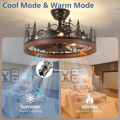 Farmhouse Rustic Ceiling Fan with Light and Remote, 21 Inch Flush Mount Vintage Bladeless Rustic Chandeliers Fan, Rustic Ceiling Fan for Living Room, Bedroom, Hallway, Entryway Lighting