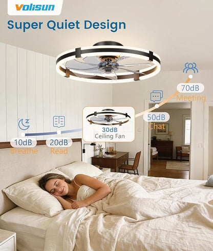 VOLISUN Ceiling Fans with Lights and Remote, 23.6in Low Profile Ceiling Fans with Light, 3000K-6500K Dimmable Fandelier Ceiling Fan, Black Flush Mount Ceiling Fan for Bedroom