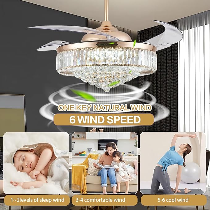 DuMaiWay 52" Dimmable Chandelier Ceiling Fan with Lights,Retractable Crystal Fandelier Ceiling Fan with APP Control for Bedroom Living Room Polished Gold 6 Speed