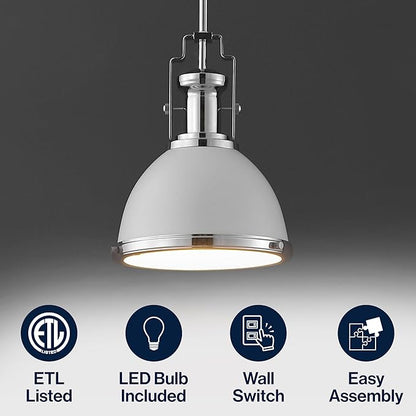 JONATHAN Y 10" Chrome/White Modern Industrial Iron LED Dome Pendant Light, Adjustable Hanging Fixture for Kitchen Island or Entryway, White Metal Shade, LED Bulb Included (JYL9535C)