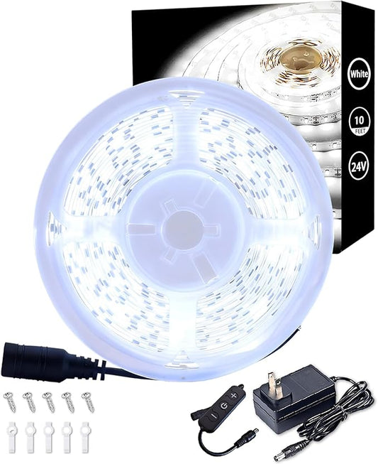 10Ft Rope Light Indoor Tape Lights LED Strip Lights for Vanity Mirror Bedroom with Dimmer Control for Kitchen, Cabinet, Shelf, Super Bright Flexible Cuttable Under Cabinet Lighting Counter