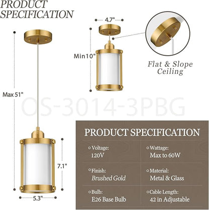 Brushed Gold Pendant Lights Kitchen Island, 1-Light Modern Brass Mini Hanging Light Fixtures with Milk Glass, Farmhouse Kitchen Pendant Lighting Over Island for Sink, OS-3014-1PBGW
