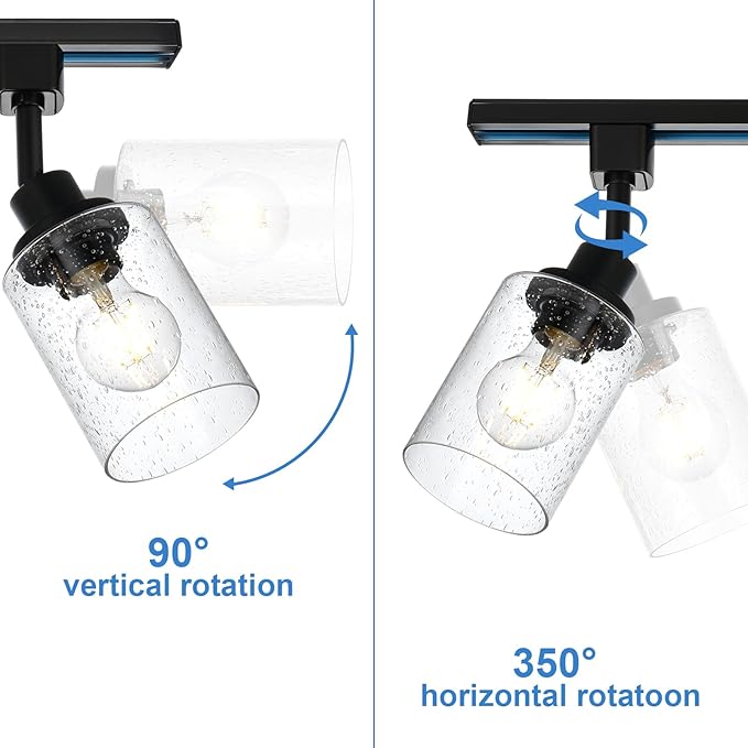 4 Pack H Track Lighting Replacement Heads Black Ceiling Track Lighting Fixtures with Seeded Glass, H Type Tracking Light Heads Multi-Directional Rotating Spotlight Kitchen Island Accent Lights